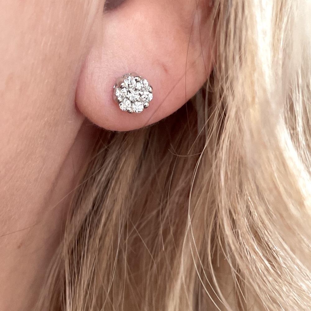 Real Solid 14K White Gold NATURAL Diamond Floral Flower Cluster Stud Earrings